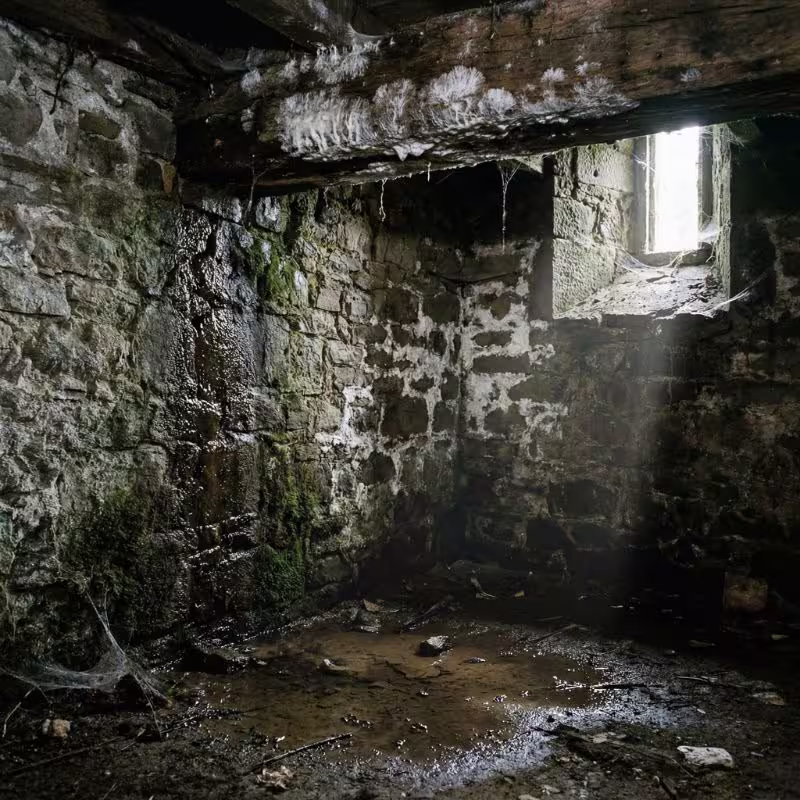 Cave humide propice au développement de la mérule avec traces d'humidité sur les murs Cave humide propice au développement de la mérule avec traces d'humidité sur les murs